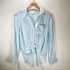 Abound Lightweight Tie Front Striped Button Down Blouse Top Blue Size XXS
